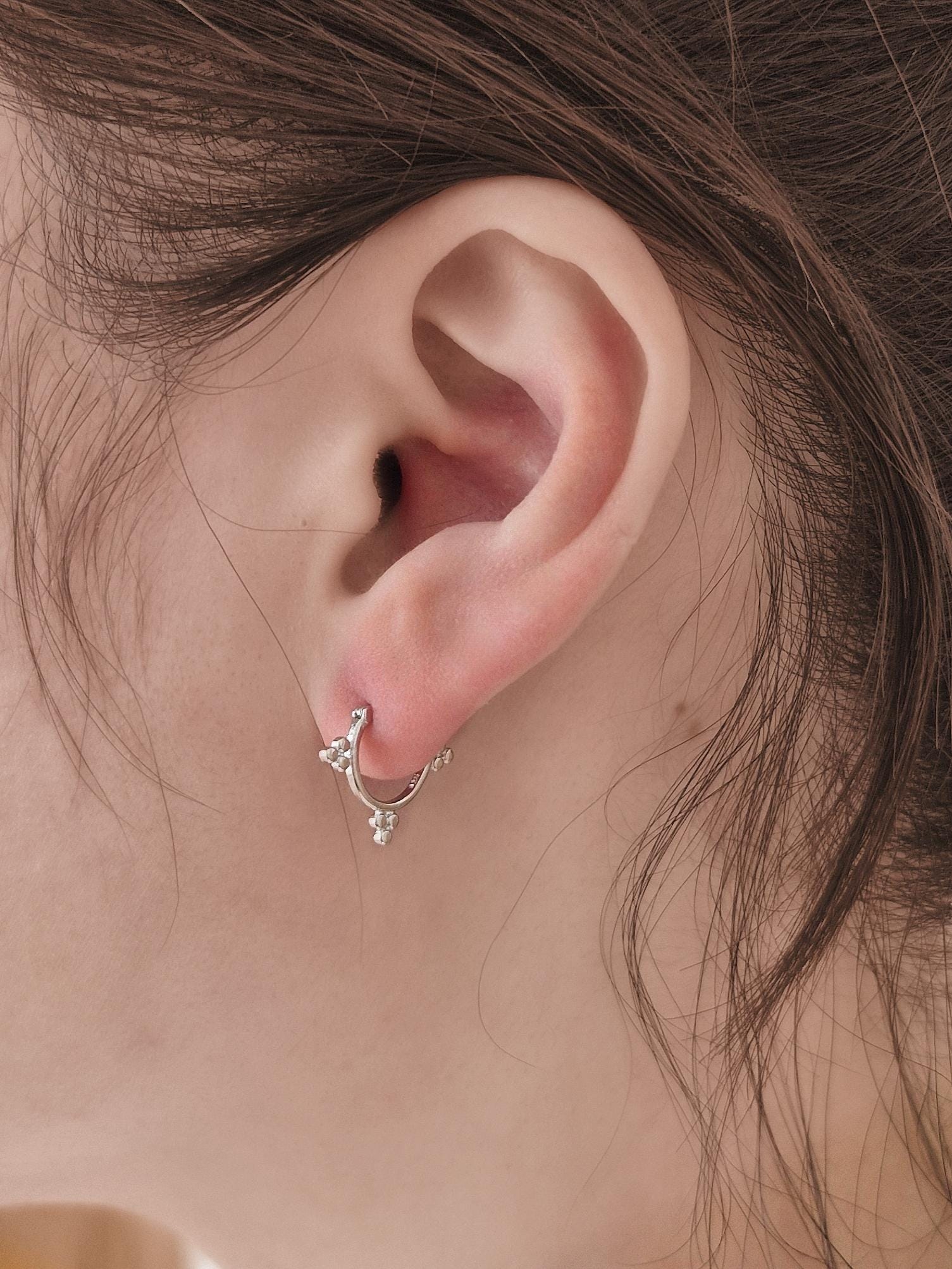 three ball hoop earrings. sterling silver ball hoop earrings.