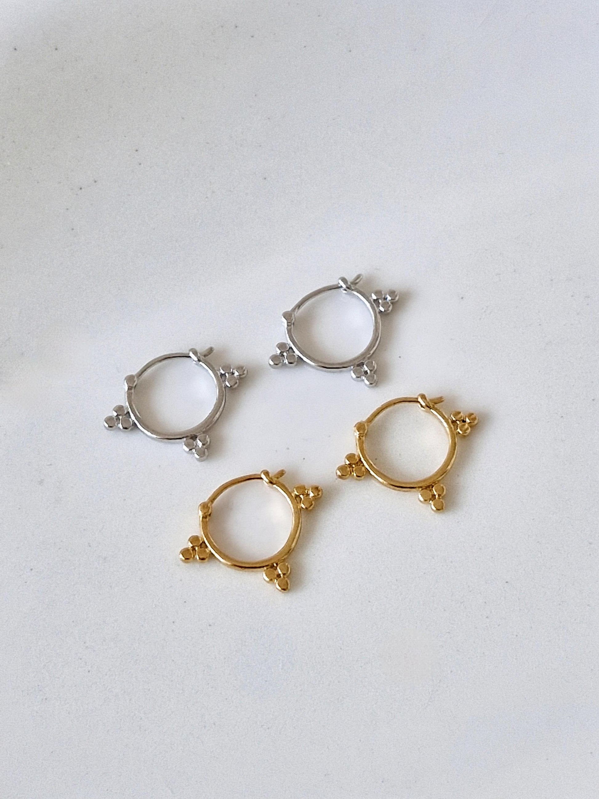 three ball hoop earrings. sterling silver ball hoop earrings.