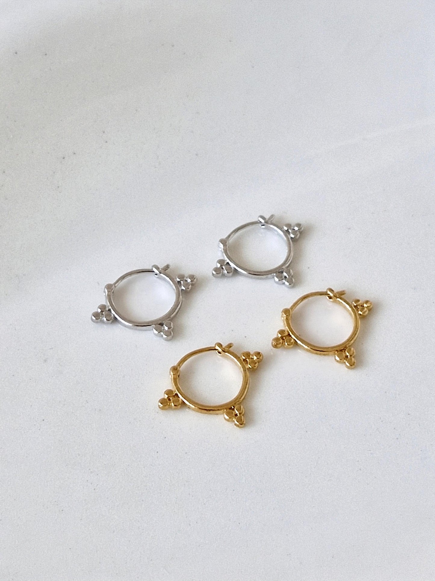 three ball hoop earrings. sterling silver ball hoop earrings.