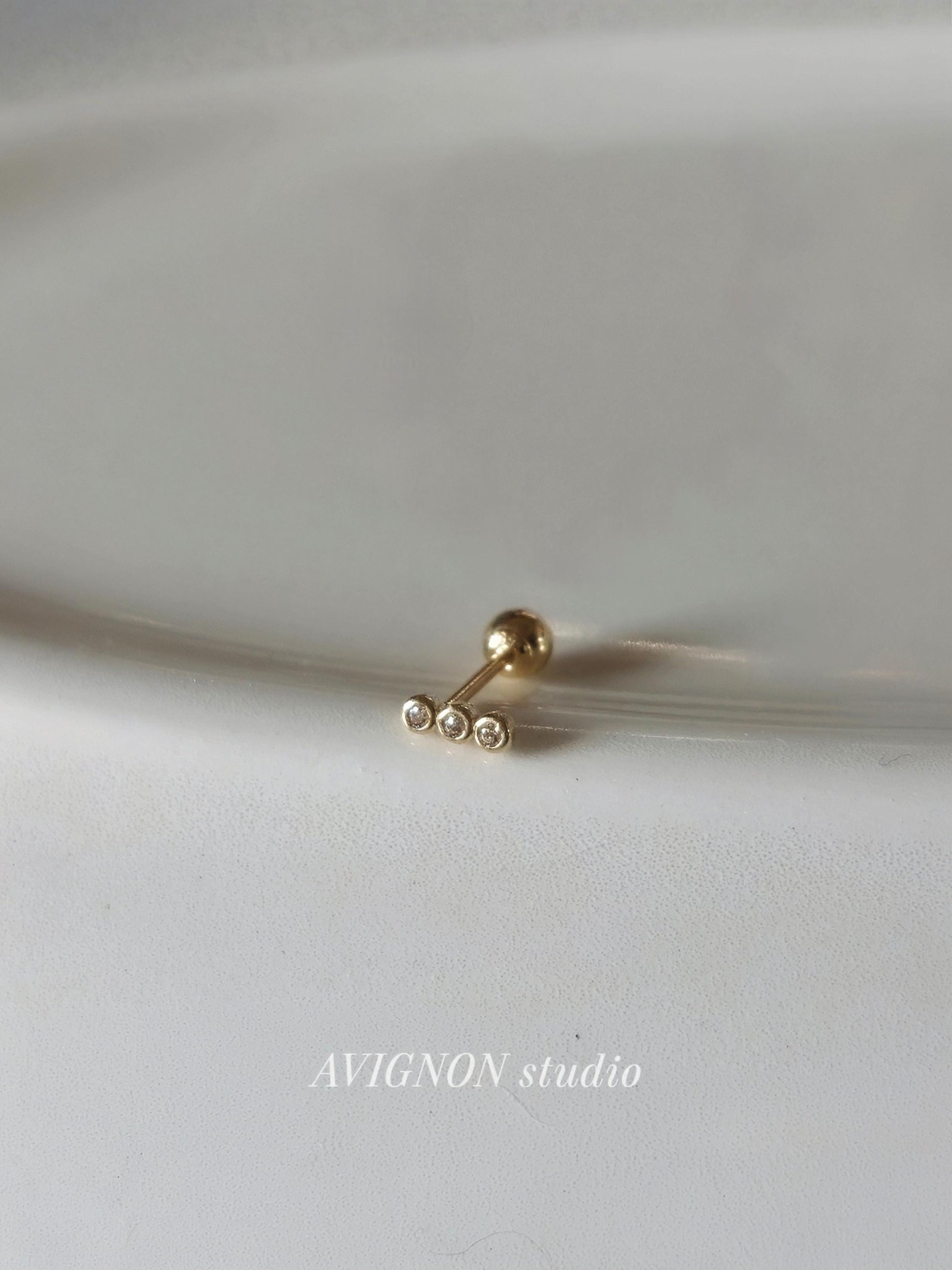 tiny triple Ball cubic screwball piercing. 14k solid gold stud. (price for single - 1pc)