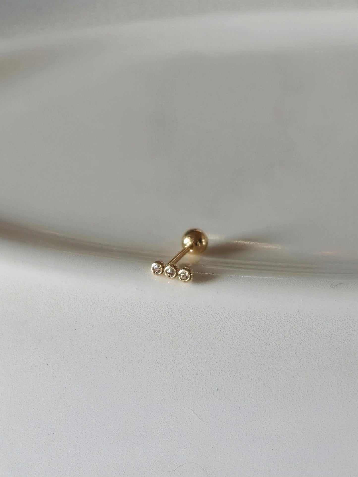 tiny triple Ball cubic screwball piercing. 14k solid gold stud. (price for single - 1pc)