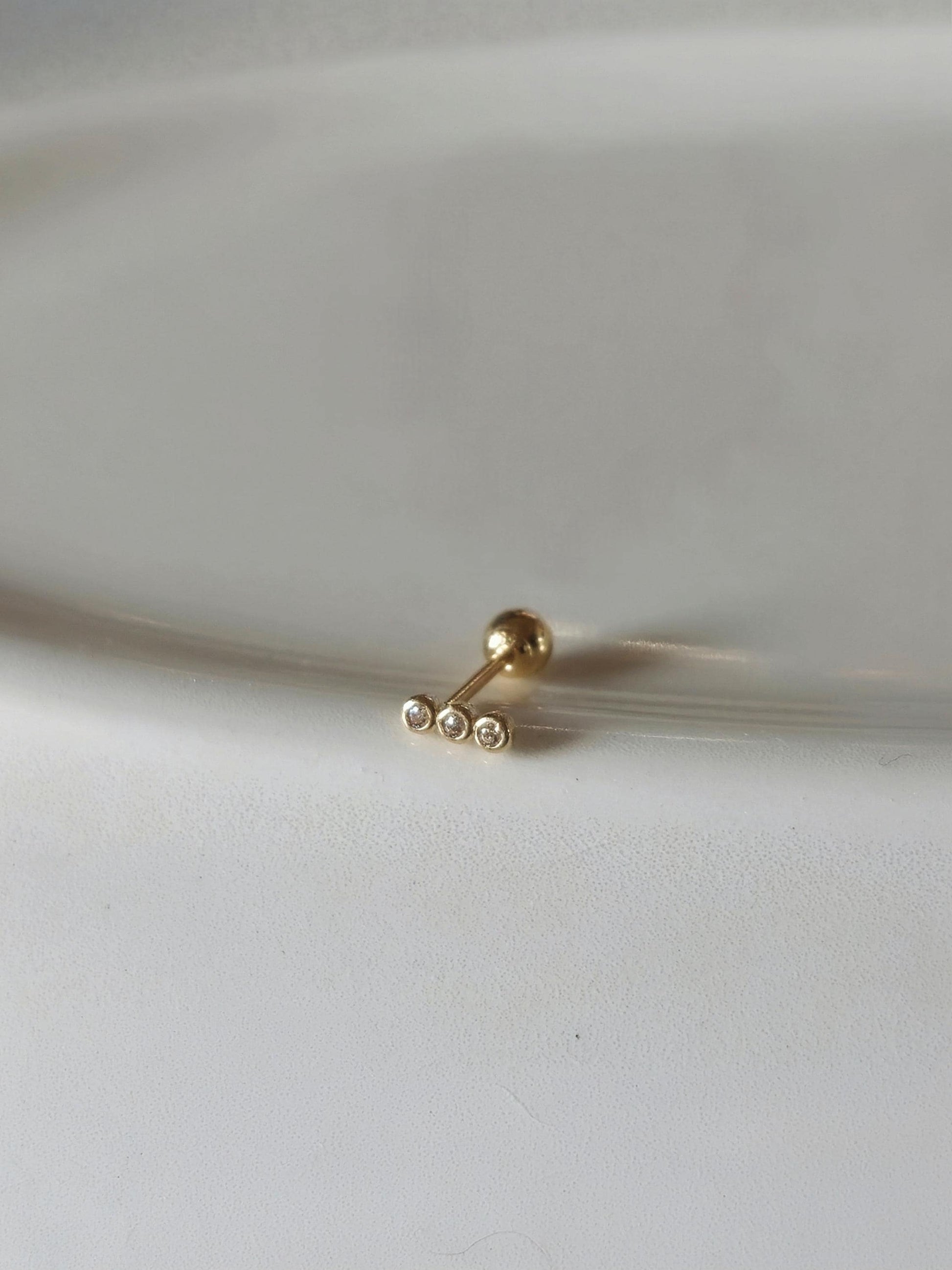 tiny triple Ball cubic screwball piercing. 14k solid gold stud. (price for single - 1pc)