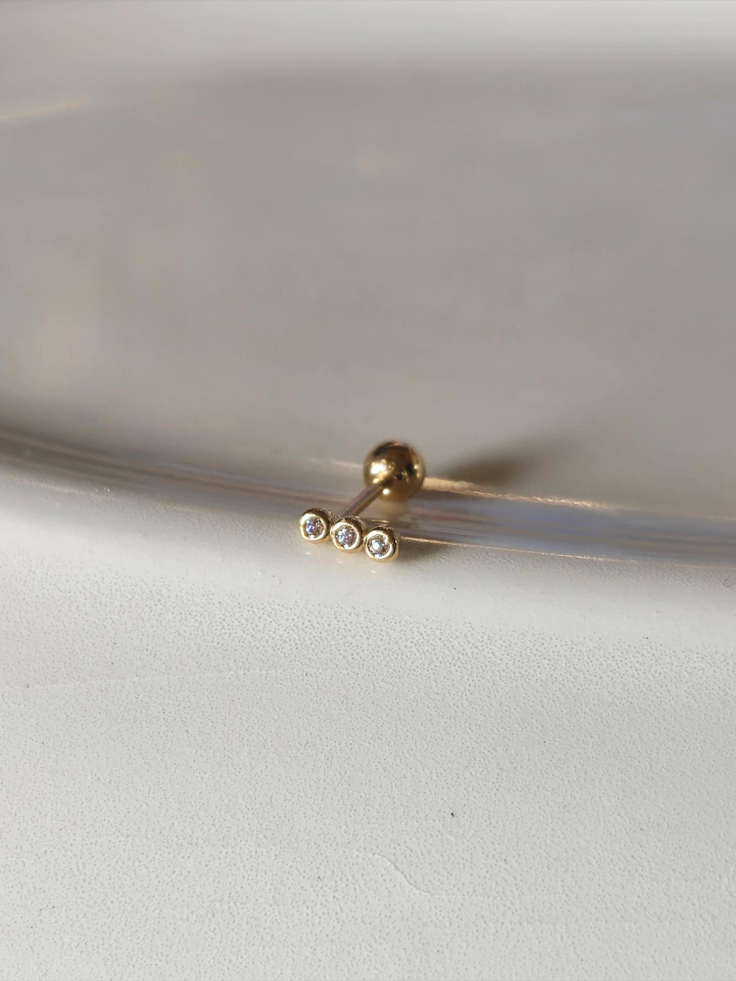 tiny triple Ball cubic screwball piercing. 14k solid gold stud. (price for single - 1pc)