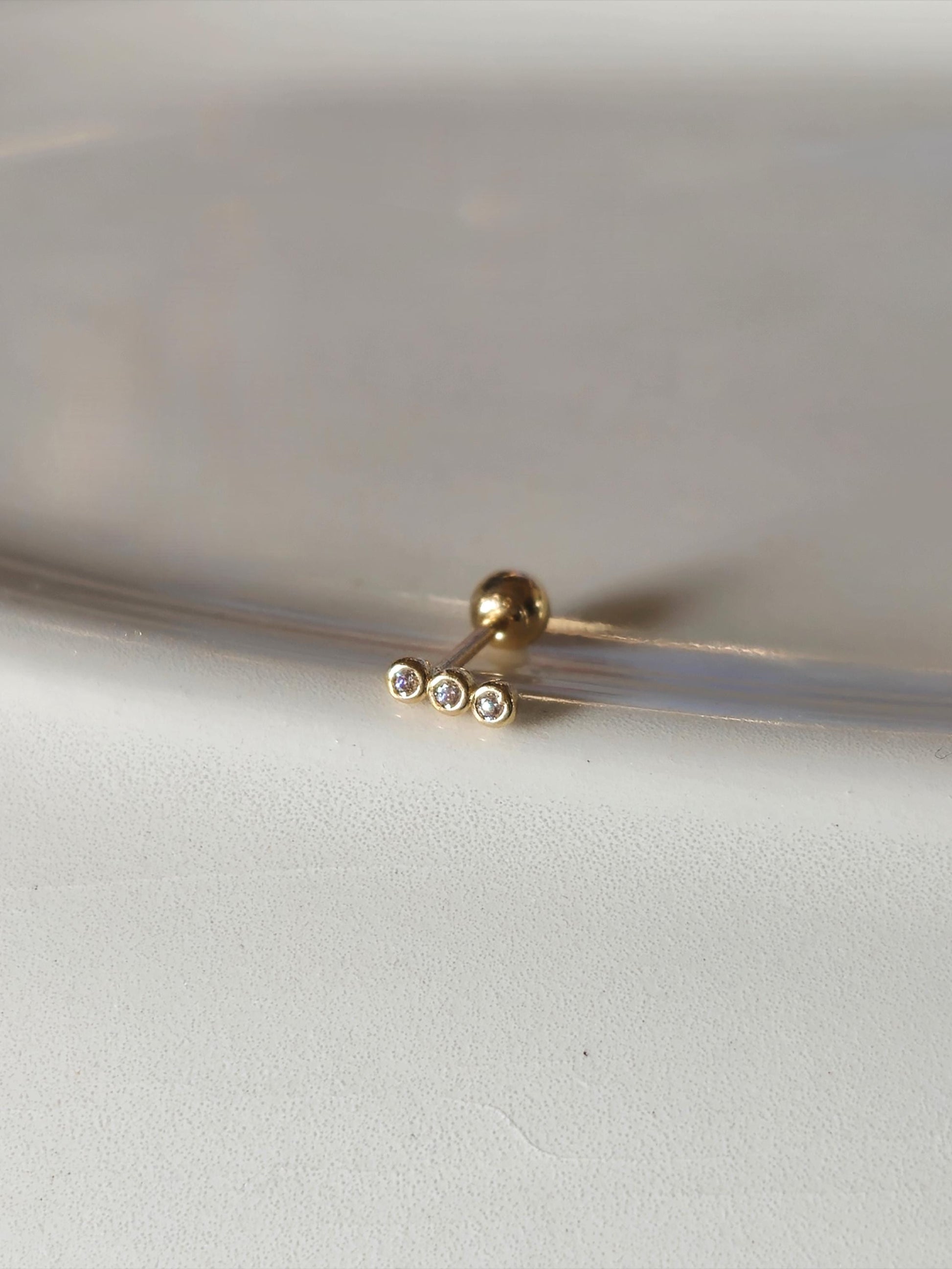 tiny triple Ball cubic screwball piercing. 14k solid gold stud. (price for single - 1pc)