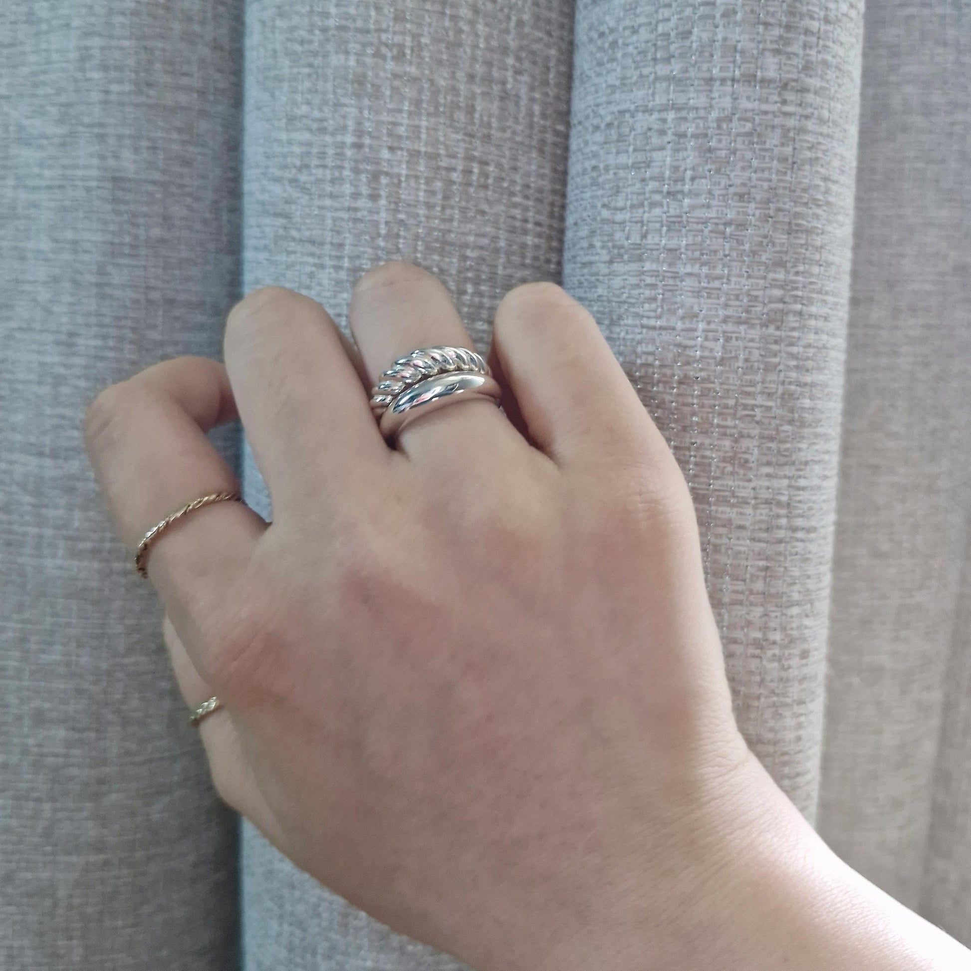twisted croissant ring silver ring sterling silver pipe ring. dome croissant ring.